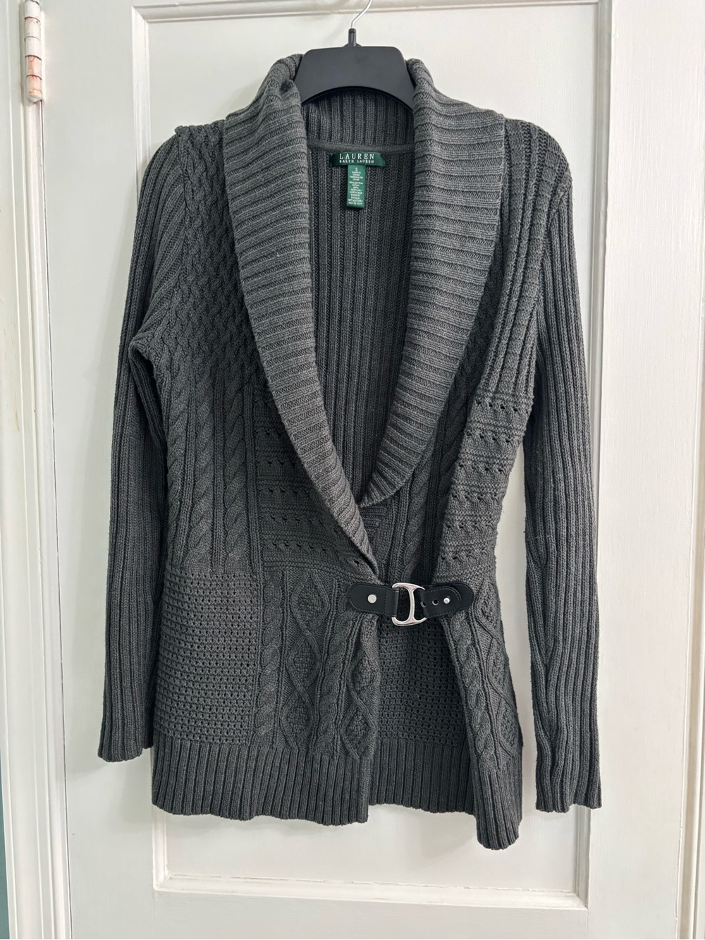 Ralph Lauren Charcoal Gray Shawl-Collar Cable Knit Cardigan with Buckle